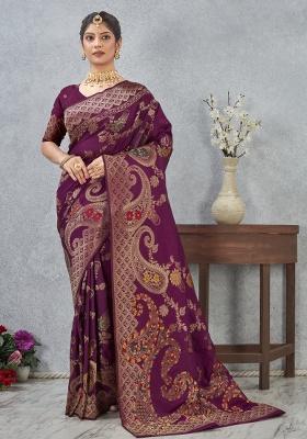 Wine Printed Silk Saree Set