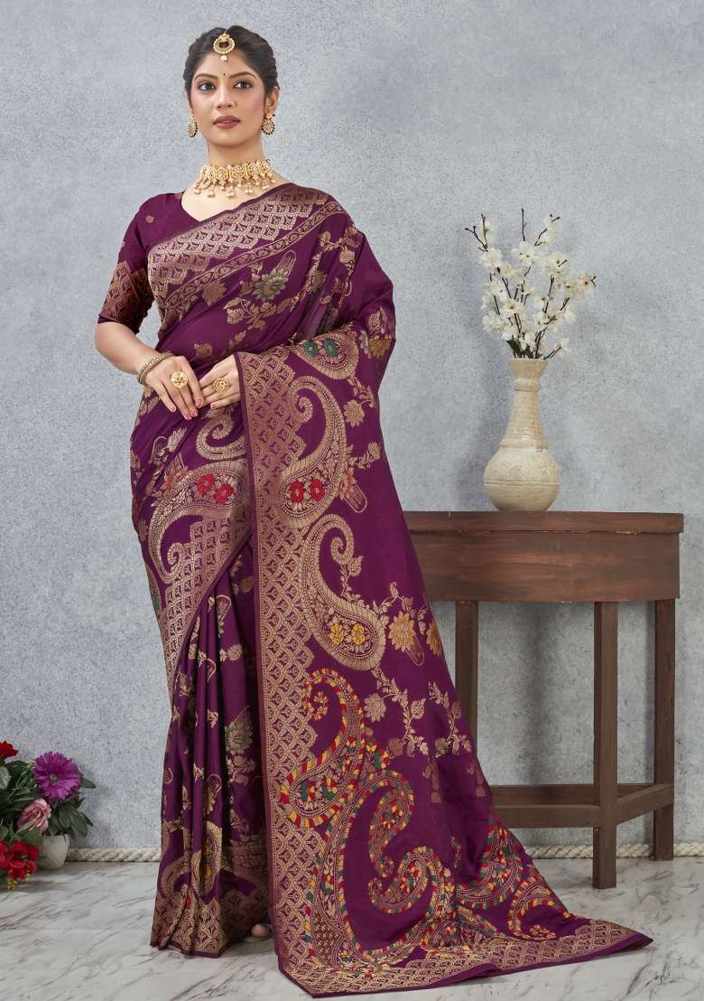 Wine Silk Blend Saree Set with Printed for Diwali | Wedding & Festive Wear - Indya