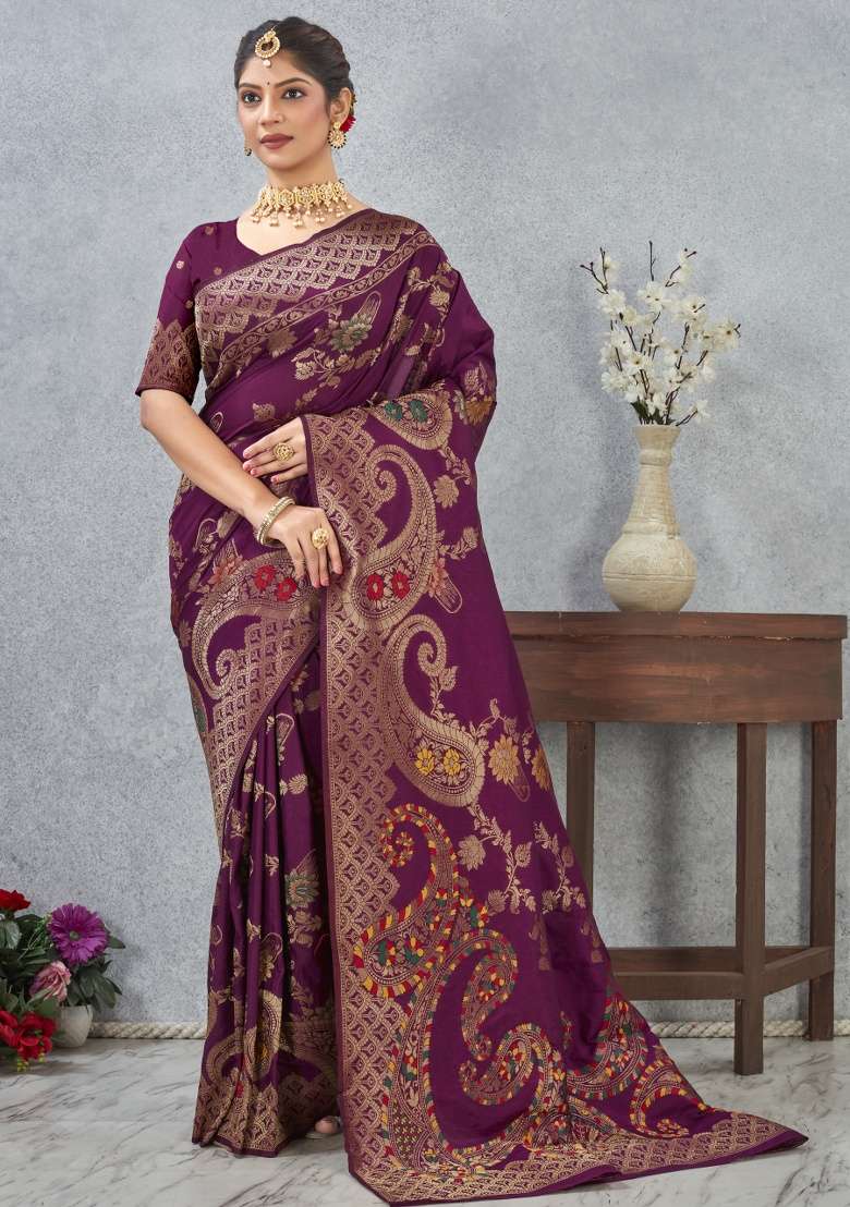 Wine Silk Blend Saree Set with Printed for Diwali | Wedding & Festive Wear - Indya