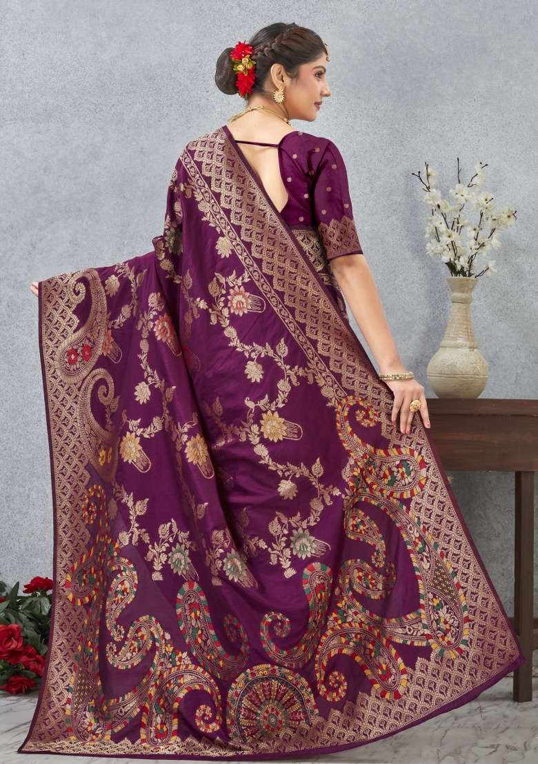 Wine Silk Blend Saree Set with Printed for Diwali | Wedding & Festive Wear - Indya