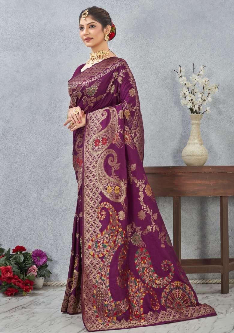 Wine Silk Blend Saree Set with Printed for Diwali | Wedding & Festive Wear - Indya