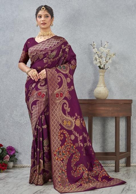 Wine Printed Silk Saree Set