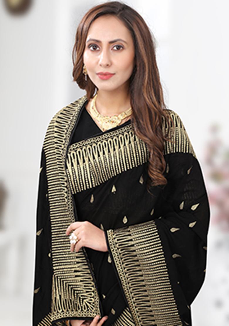 Black Heavy Jari Embrodery Silk Saree Set - Indya