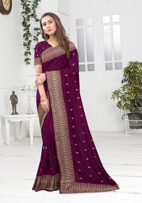 Wine Heavy Jari Embrodery Silk Saree Set