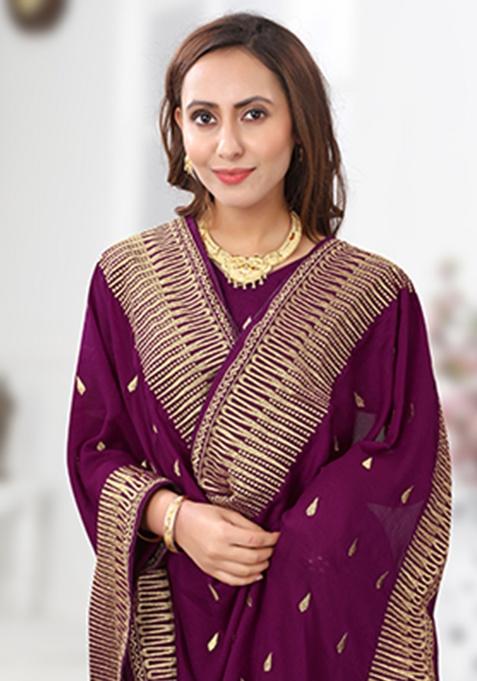 Wine Heavy Jari Embrodery Silk Saree Set