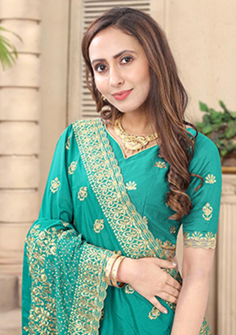 Rama Heavy Jari Embrodery Silk Saree Set - Indya