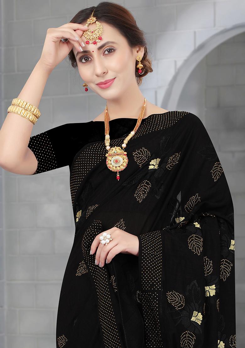 Black Heavy Jari Embrodery Silk Saree Set - Indya