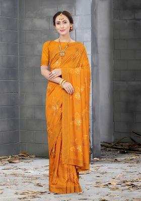 Mustard Heavy Jari Embrodery Silk Saree Set