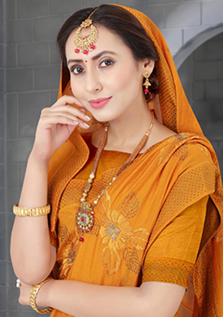 Mustard Heavy Jari Embrodery Silk Saree Set - Indya