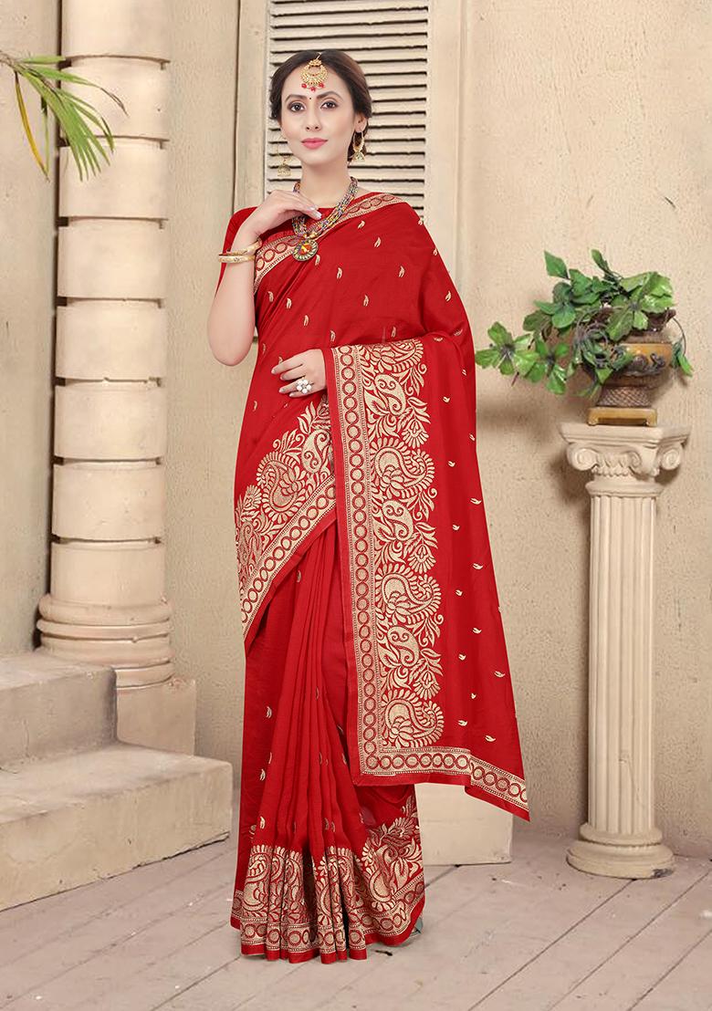 Red Heavy Jari Embrodery Silk Saree Set
