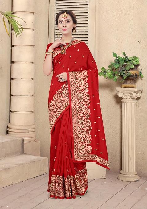 Red Heavy Jari Embrodery Silk Saree Set