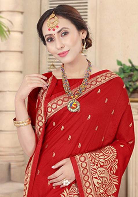 Red Heavy Jari Embrodery Silk Saree Set
