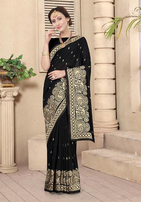Black Heavy Jari Embrodery Silk Saree Set