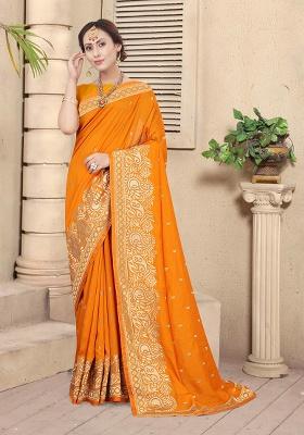 Mustard Heavy Jari Embrodery Silk Saree Set