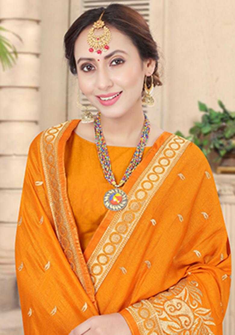 Mustard Heavy Jari Embrodery Silk Saree Set - Indya