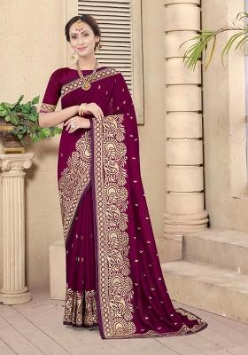 Wine Heavy Jari Embrodery Silk Saree Set
