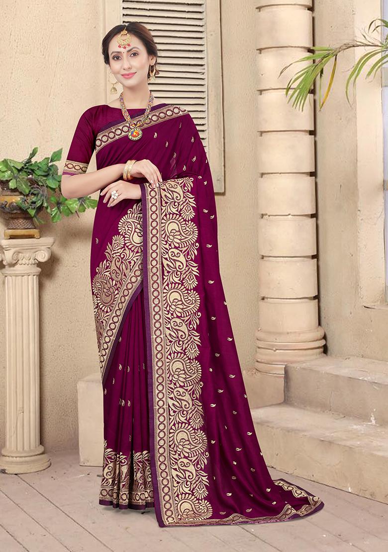 Wine Heavy Jari Embrodery Silk Saree Set