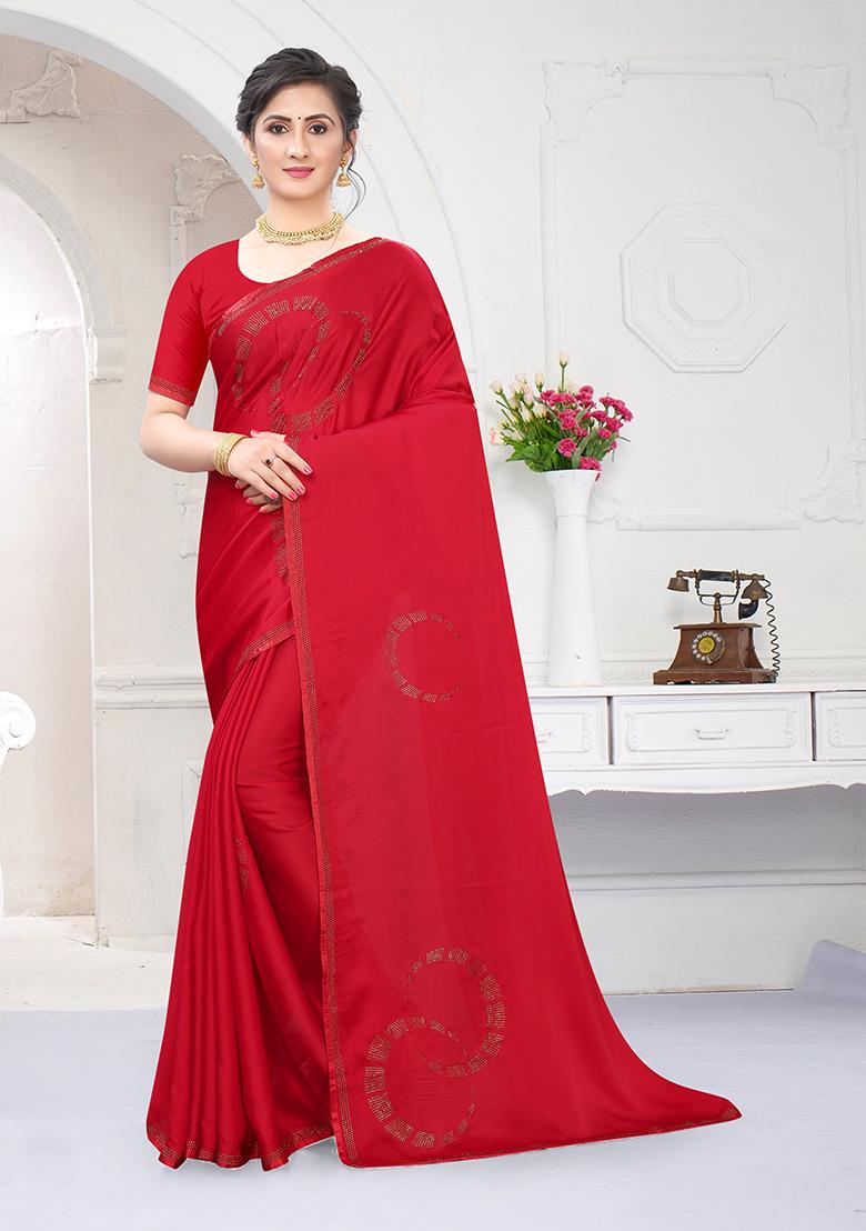 Red Heavy Siroski Hot Fix Stone Work Silk Saree Set