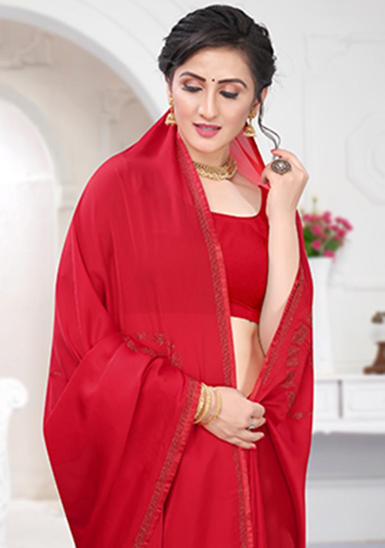 Red Heavy Siroski Hot Fix Stone Work Silk Saree Set