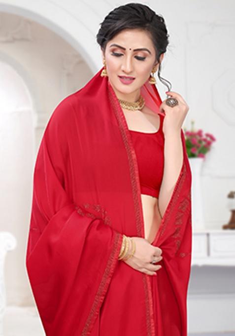 Red Heavy Siroski Hot Fix Stone Work Silk Saree Set