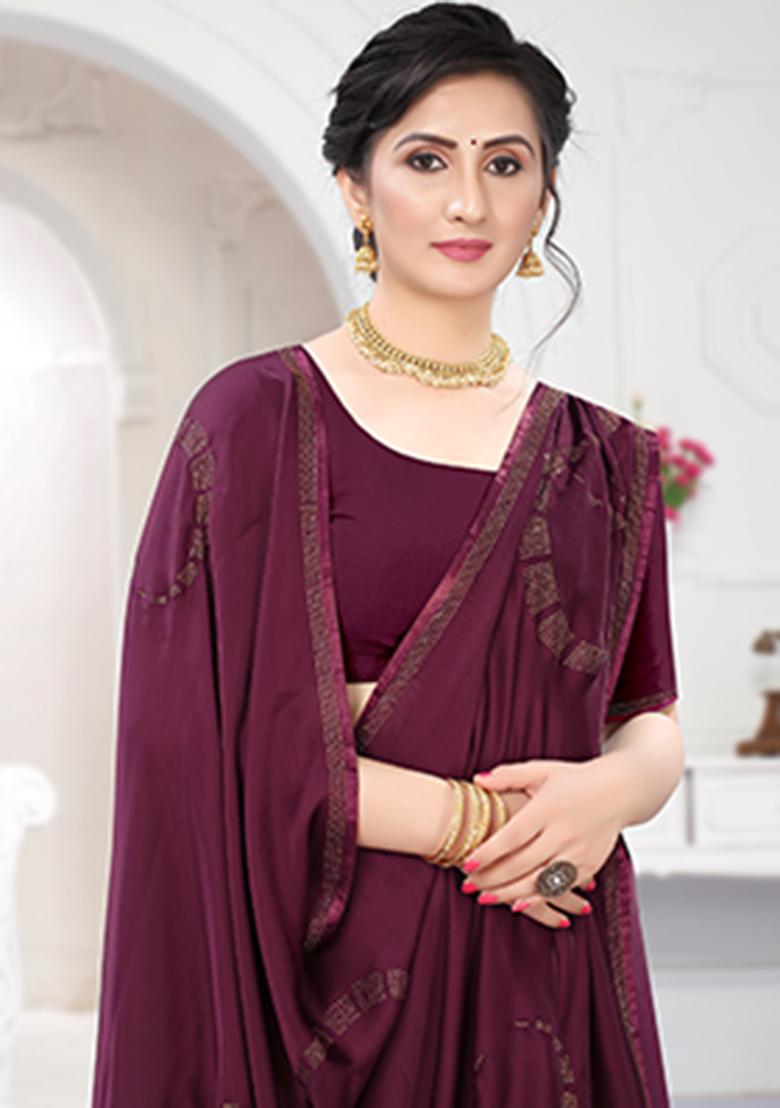 Wine Heavy Siroski Hot Fix Stone Work Silk Saree Set - Indya