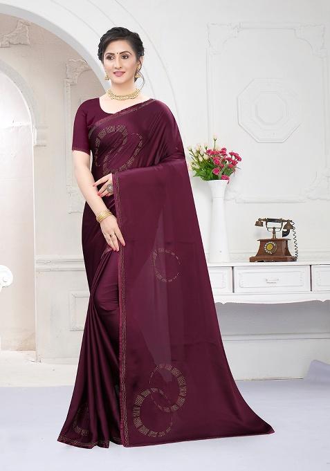 Wine Heavy Siroski Hot Fix Stone Work Silk Saree Set
