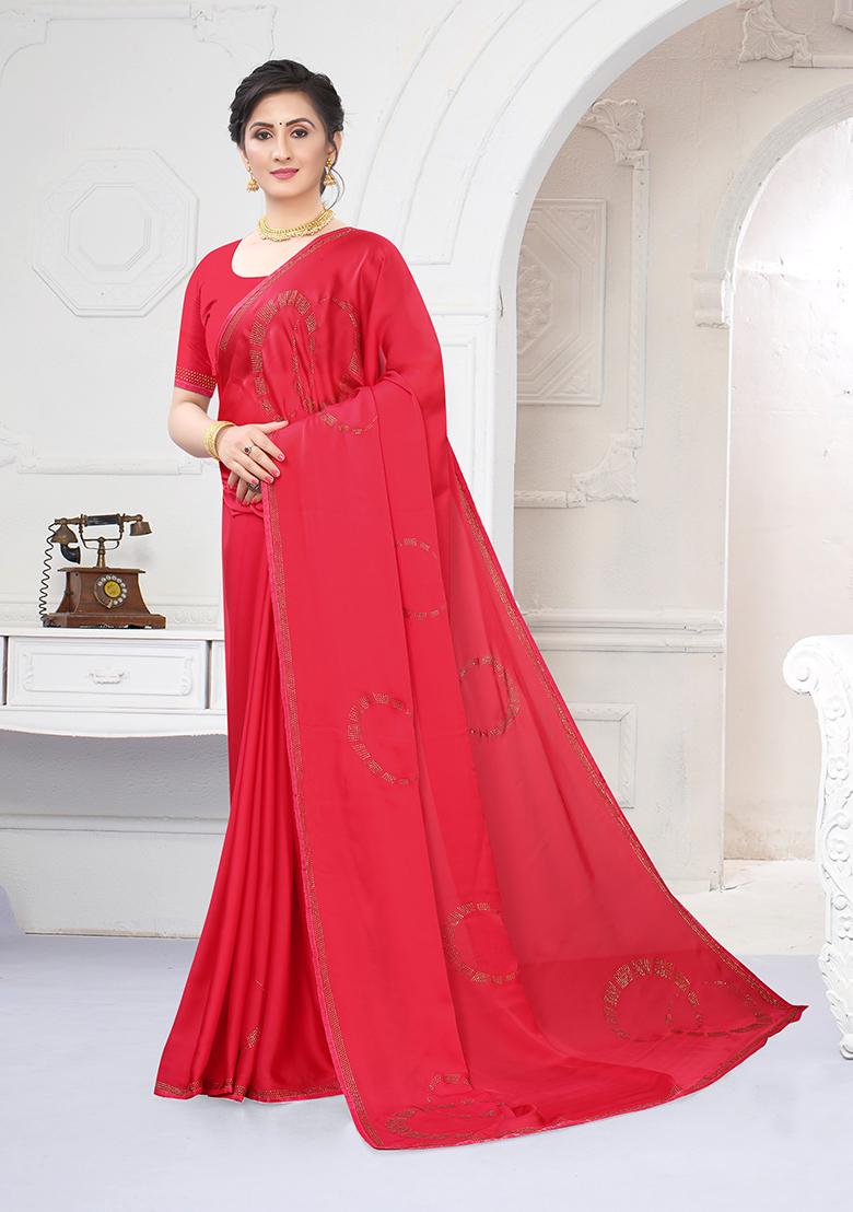 Gajari Heavy Siroski Hot Fix Stone Work Silk Saree Set