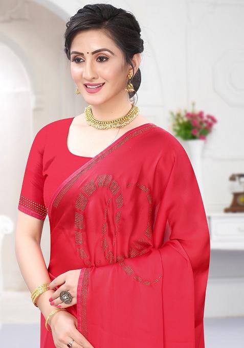 Gajari Heavy Siroski Hot Fix Stone Work Silk Saree Set