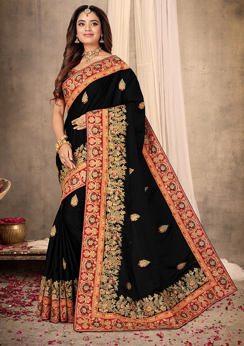Black Heavy Jari Embrodery Satin Saree Set - Indya