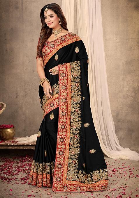 Black Heavy Jari Embrodery Satin Saree Set