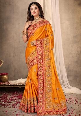 Mustard Heavy Jari Embrodery Satin Saree Set