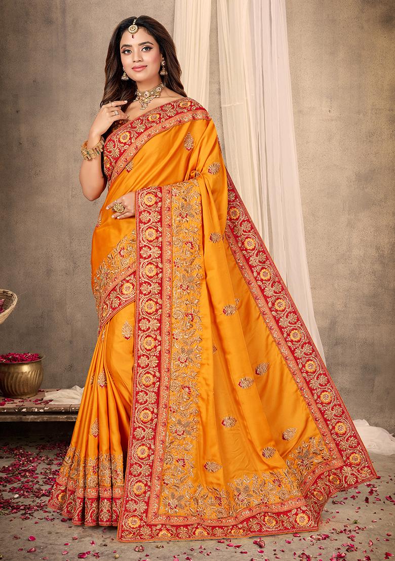 Mustard Heavy Jari Embrodery Satin Saree Set - Indya