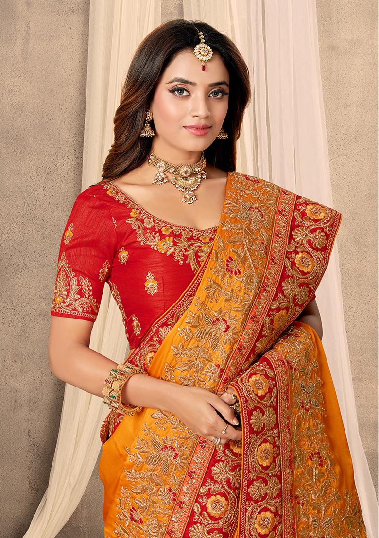 Mustard Heavy Jari Embrodery Satin Saree Set - Indya