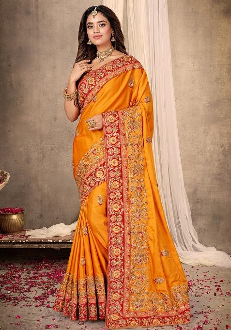 Mustard Heavy Jari Embrodery Satin Saree Set