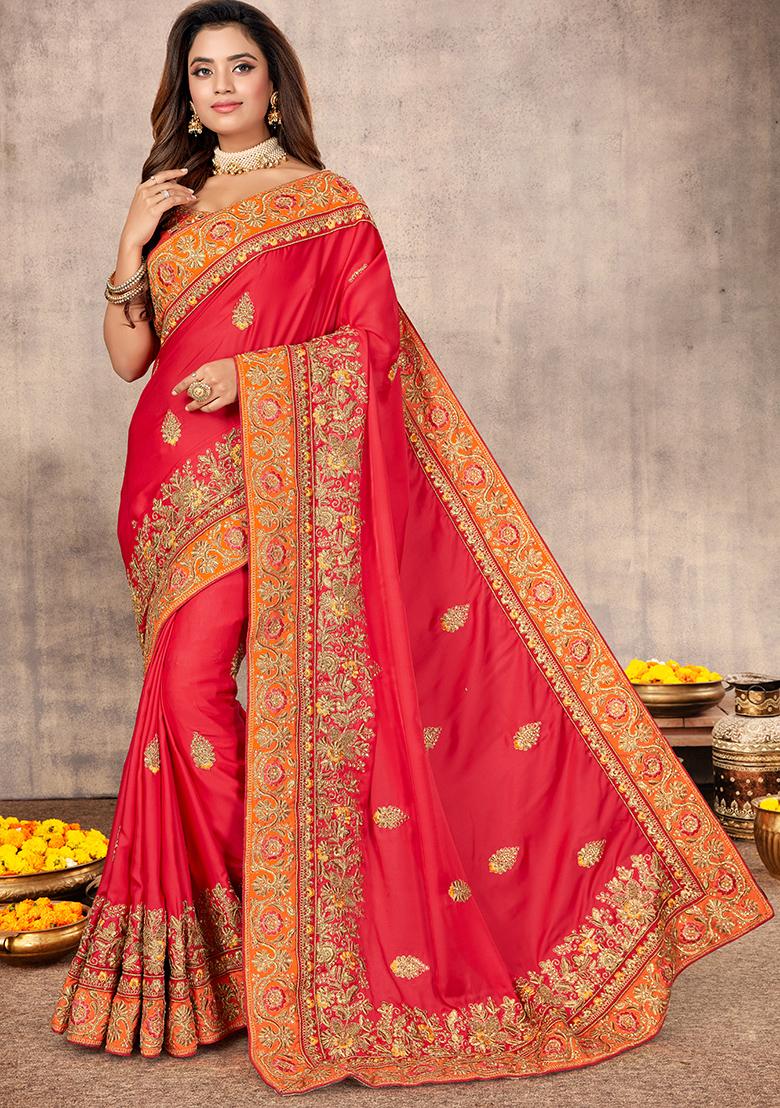 Gajari Heavy Jari Embrodery Satin Saree Set