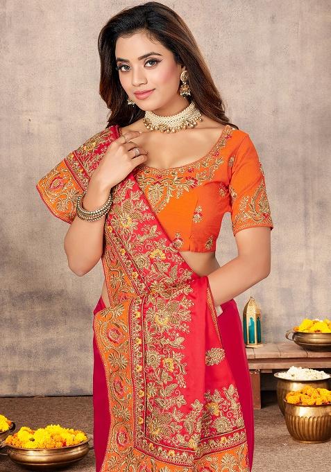 Gajari Heavy Jari Embrodery Satin Saree Set