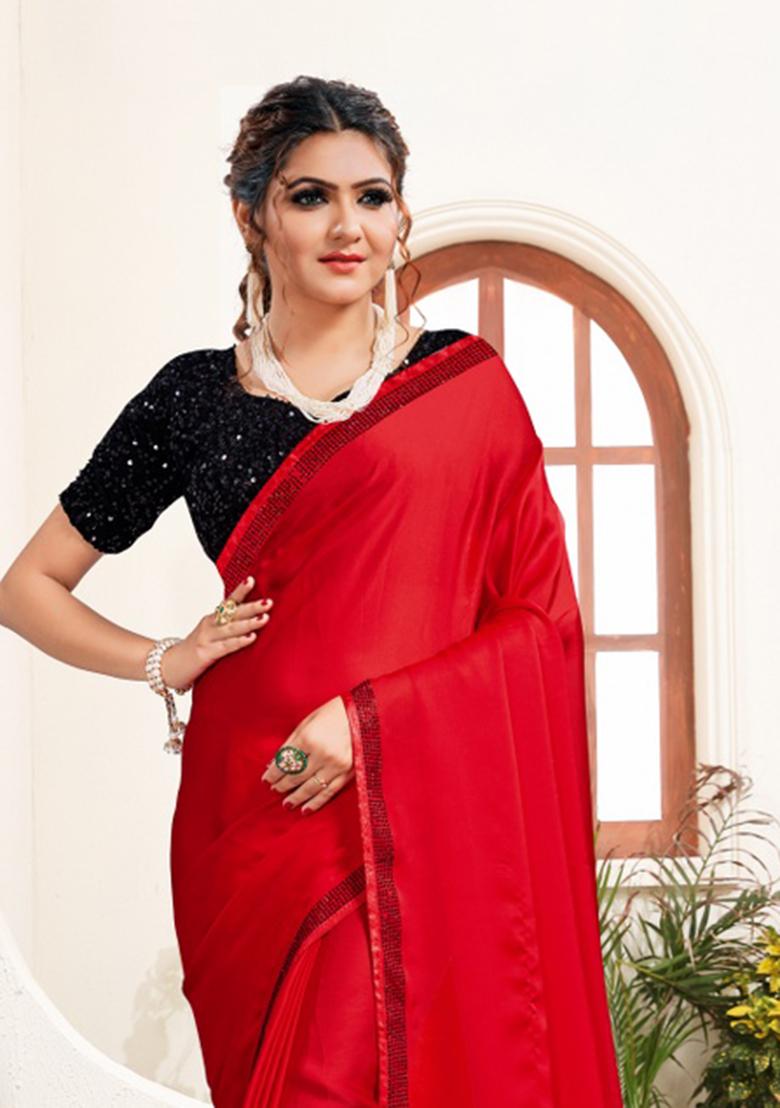 Red Heavy Siroski Hot Fix Stone Work Silk Saree Set
