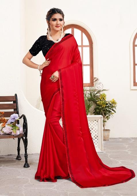 Red Heavy Siroski Hot Fix Stone Work Silk Saree Set