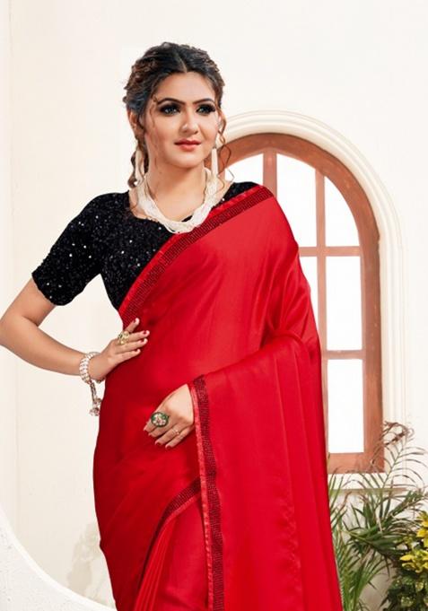 Red Heavy Siroski Hot Fix Stone Work Silk Saree Set