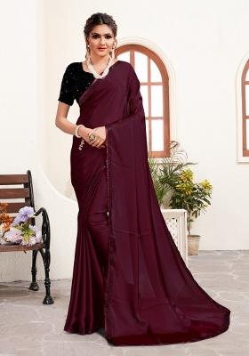 Wine Heavy Siroski Hot Fix Stone Work Silk Saree Set