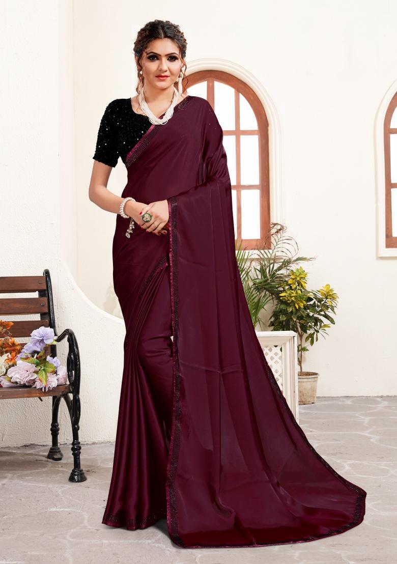 Wine Heavy Siroski Hot Fix Stone Work Silk Saree Set