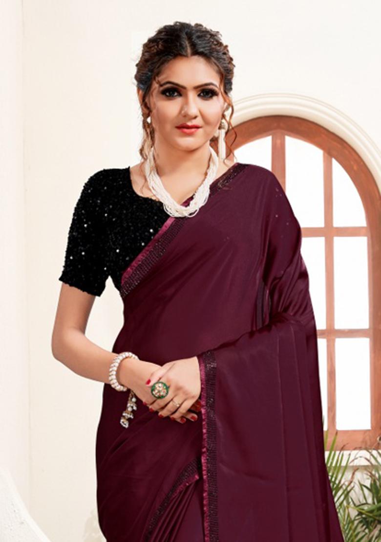 Wine Heavy Siroski Hot Fix Stone Work Silk Saree Set - Indya