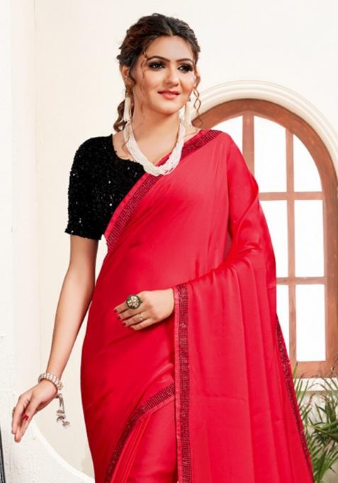 Gajari Heavy Siroski Hot Fix Stone Work Silk Saree Set