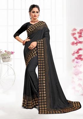 Black Heavy Siroski Hot Fix Stone Work Satin Saree Set