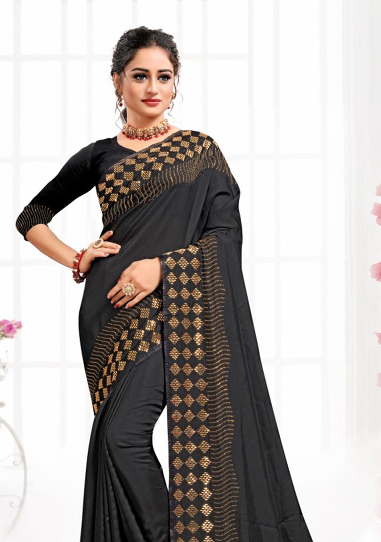 Black Heavy Siroski Hot Fix Stone Work Satin Saree Set - Indya