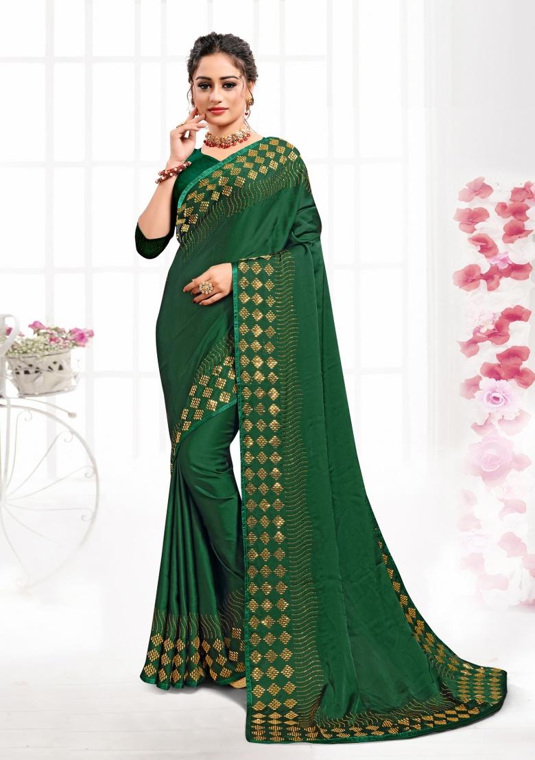 Botel Green Heavy Siroski Hot Fix Stone Work Satin Saree Set