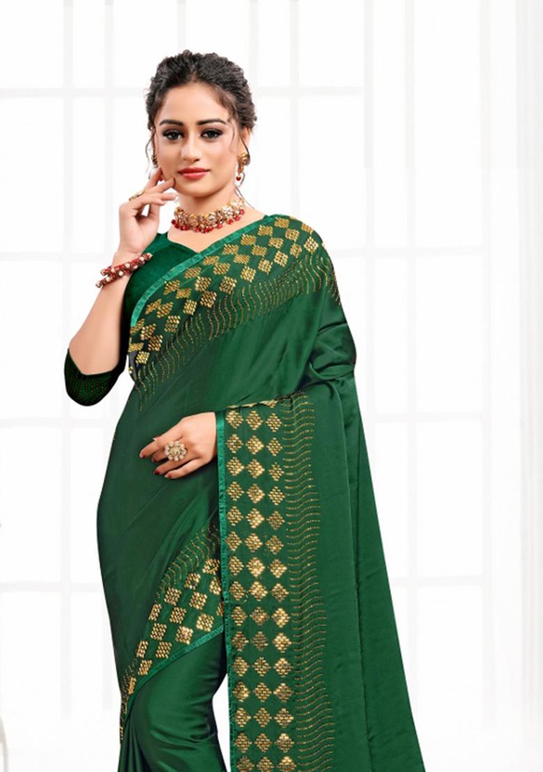 Botel Green Heavy Siroski Hot Fix Stone Work Satin Saree Set - Indya