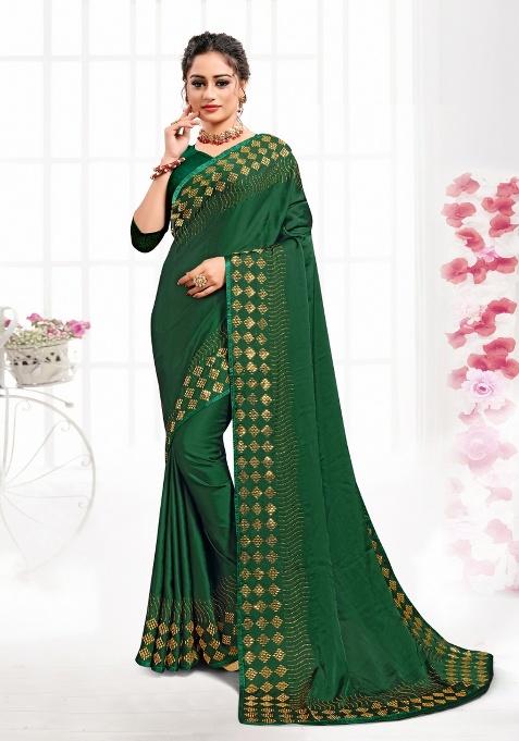 Botel Green Heavy Siroski Hot Fix Stone Work Satin Saree Set