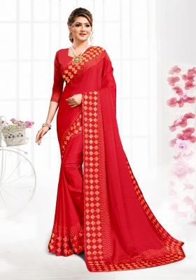 Red Heavy Siroski Hot Fix Stone Work Satin Saree Set