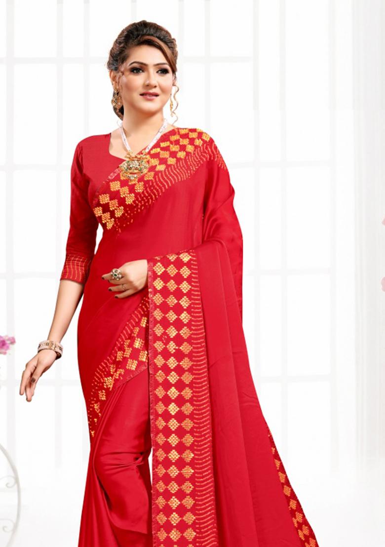Red Heavy Siroski Hot Fix Stone Work Satin Saree Set - Indya